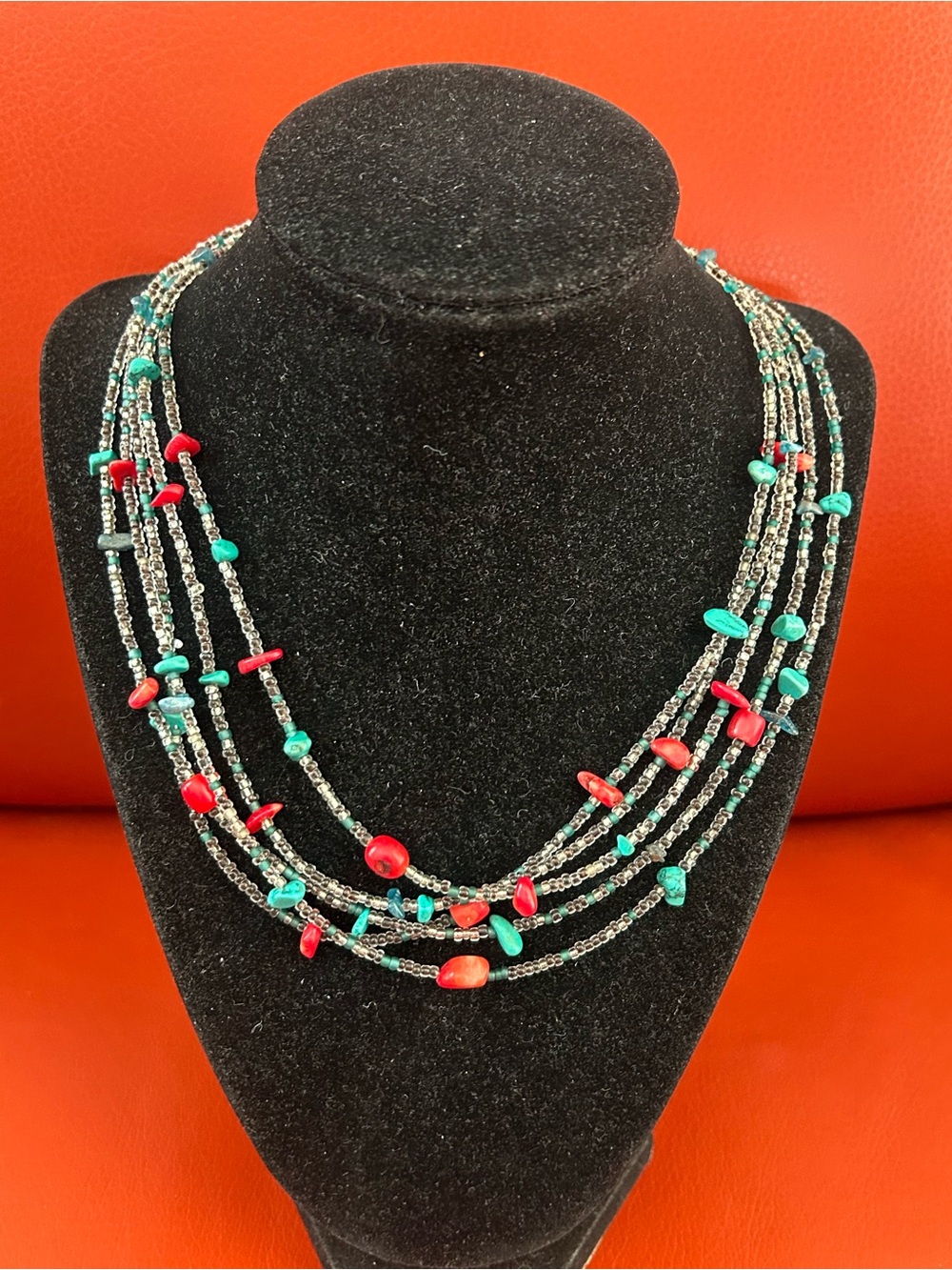 Peyote Bird sterling, turquoise, & coral five strand beaded necklace. Signed.